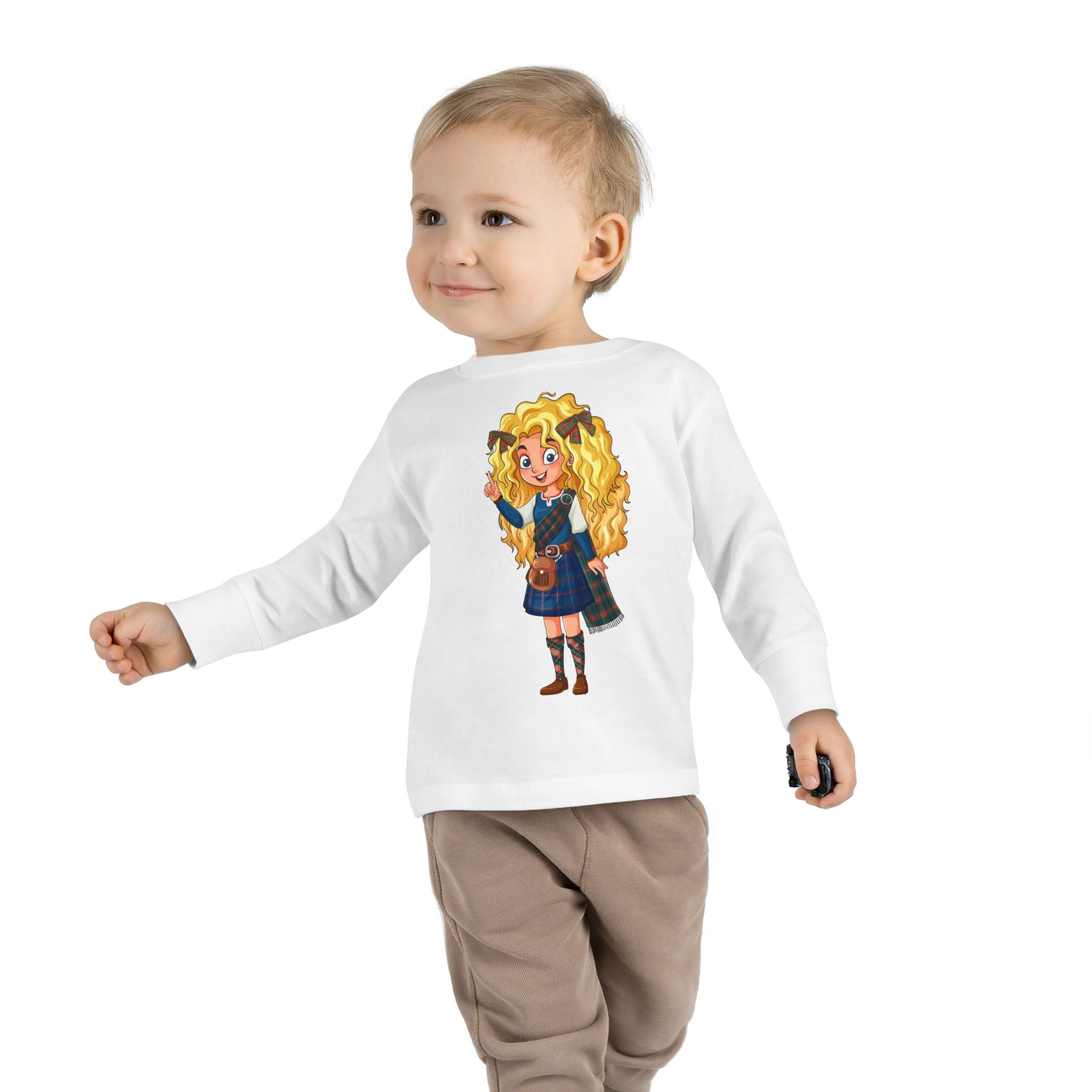 Cute Scottish Girl Toddler Long Sleeve Tee — Brave Princess Kilt Design