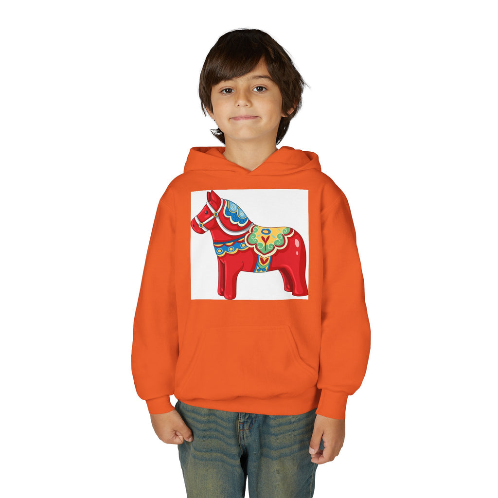 Dala Horse Youth Hoodie — Scandinavian Red Folk Art Kids Sweatshirt