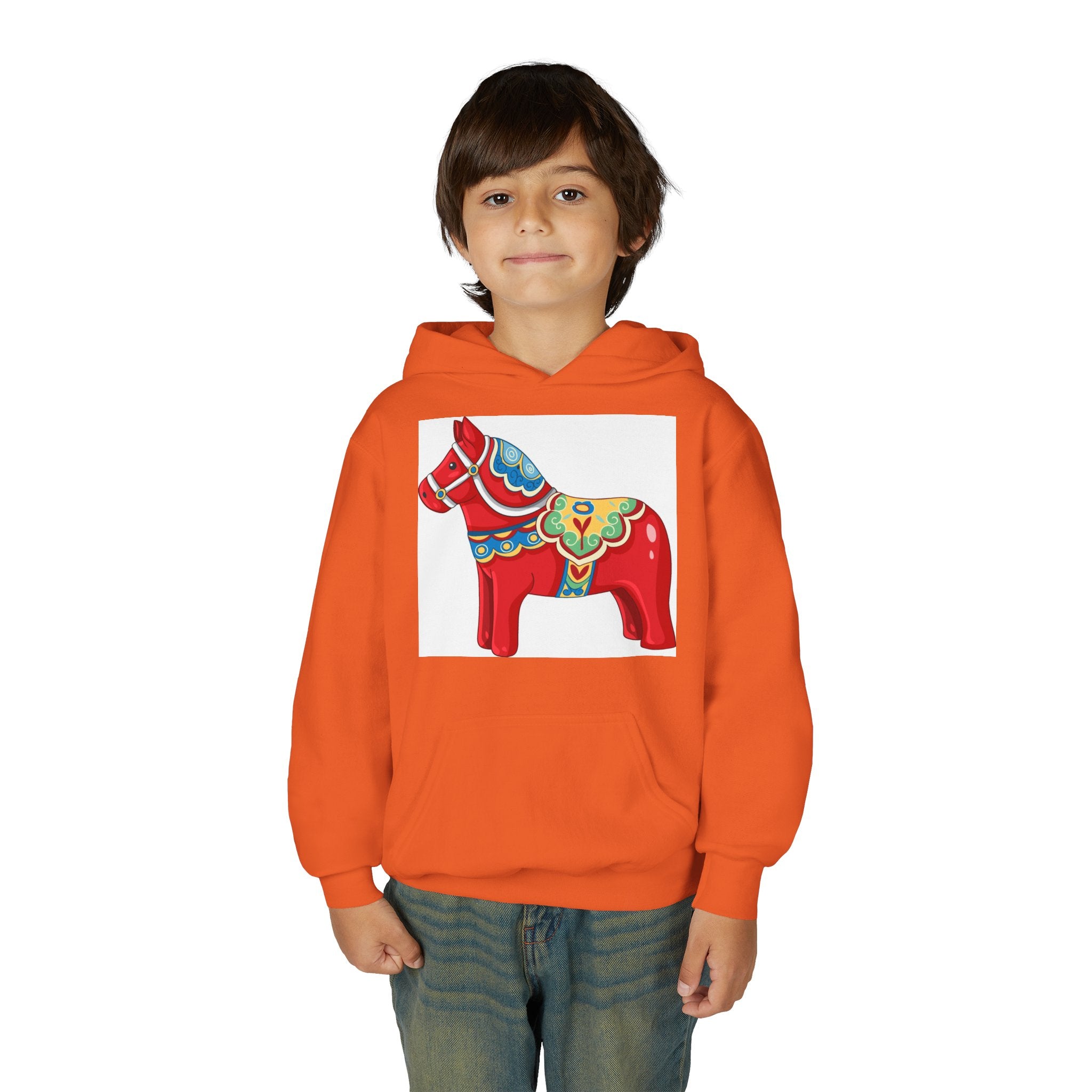 Dala Horse Youth Hoodie — Scandinavian Red Folk Art Kids Sweatshirt