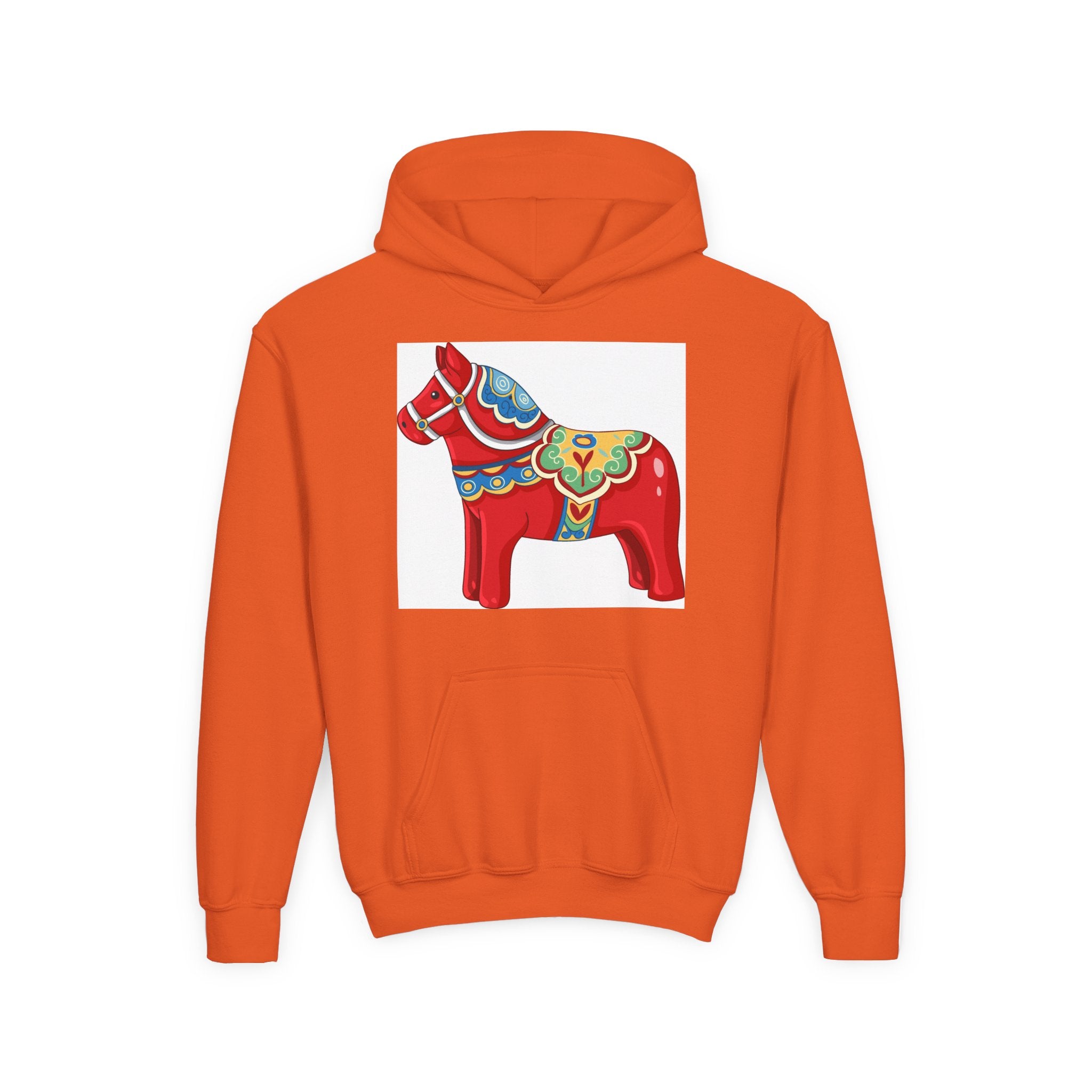 Dala Horse Youth Hoodie — Scandinavian Red Folk Art Kids Sweatshirt