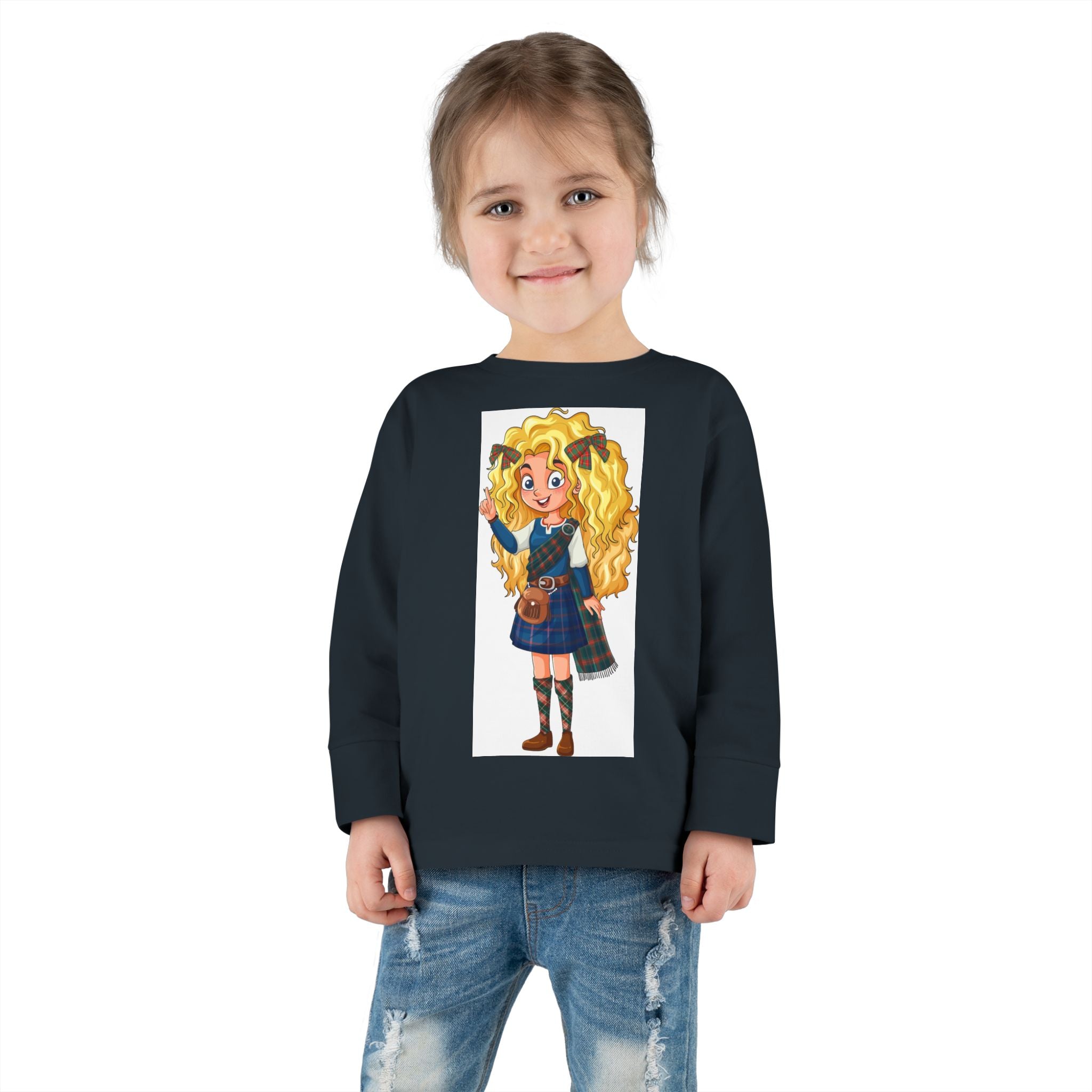 Cute Scottish Girl Toddler Long Sleeve Tee — Brave Princess Kilt Design