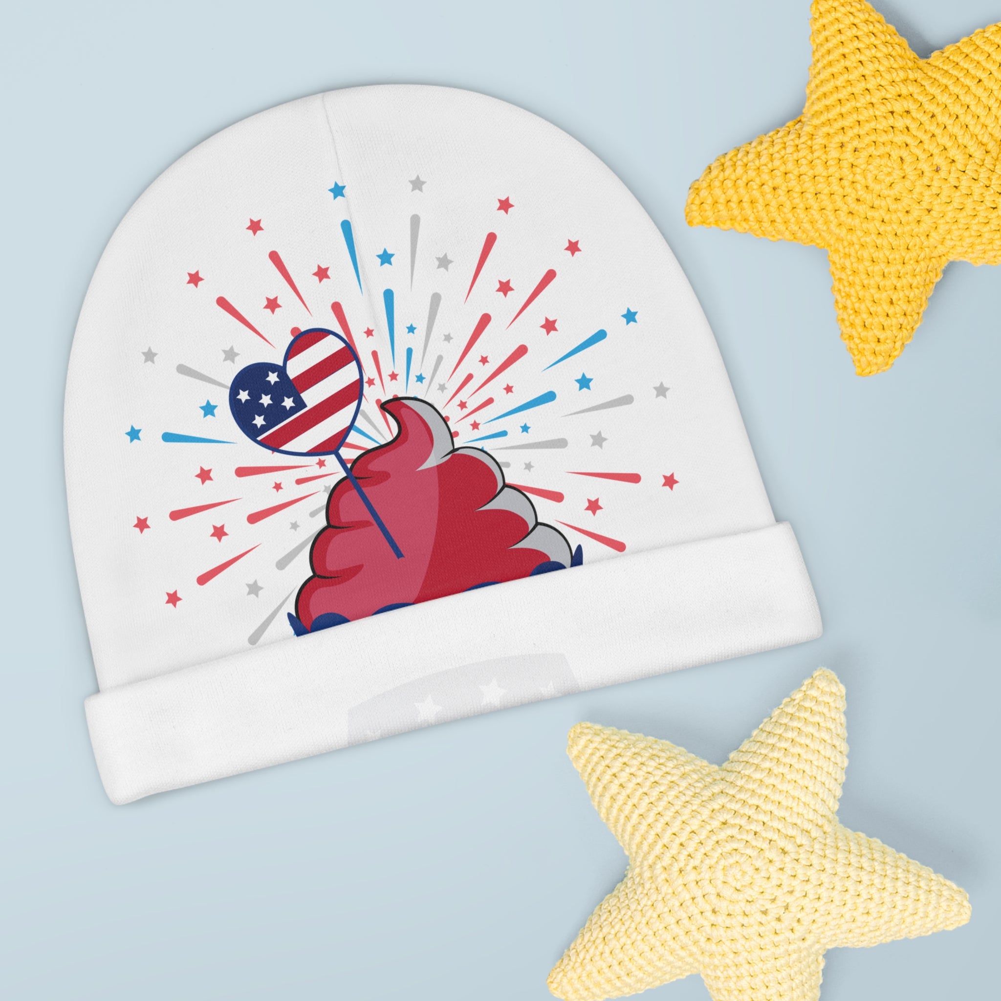 Patriotic Baby Beanie with Cupcake Design - Perfect for 4th of July Celebrations