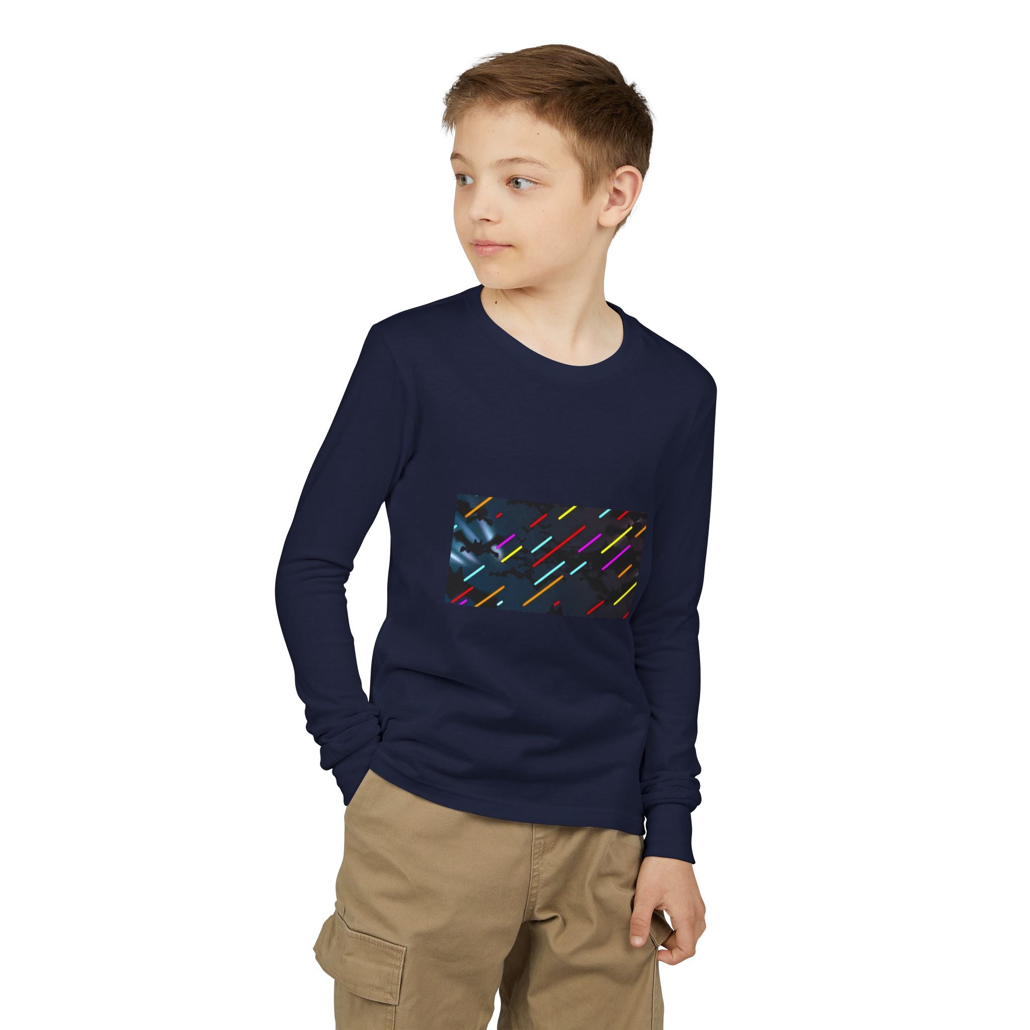 Youth Long Sleeve Tee — Neon Comet Stripe Graphic