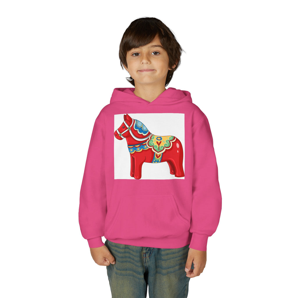 Dala Horse Youth Hoodie — Scandinavian Red Folk Art Kids Sweatshirt