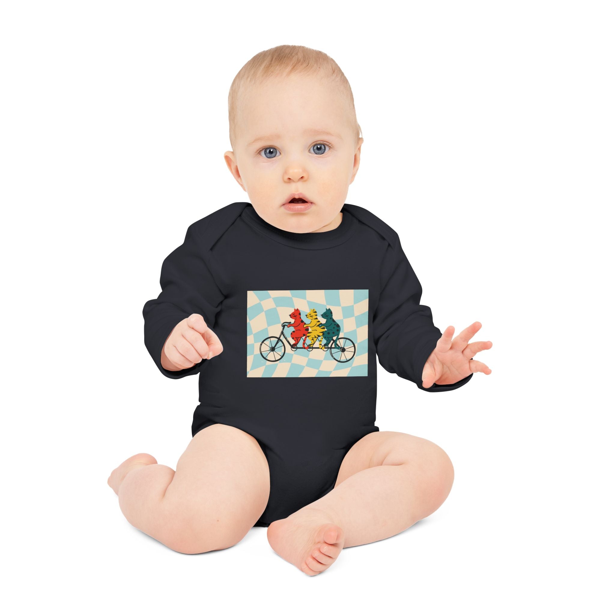 Baby Bodysuit — Retro Tandem Bike Bears Graphic Long-Sleeve Organic Onesie