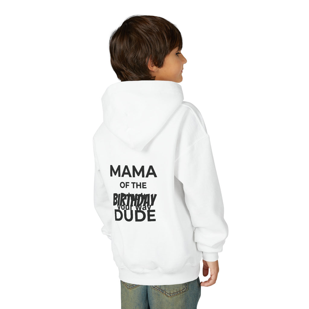 Youth Hoodie — Colorful Elephant Pattern Front & “Mama of the Birthday Dude” Back
