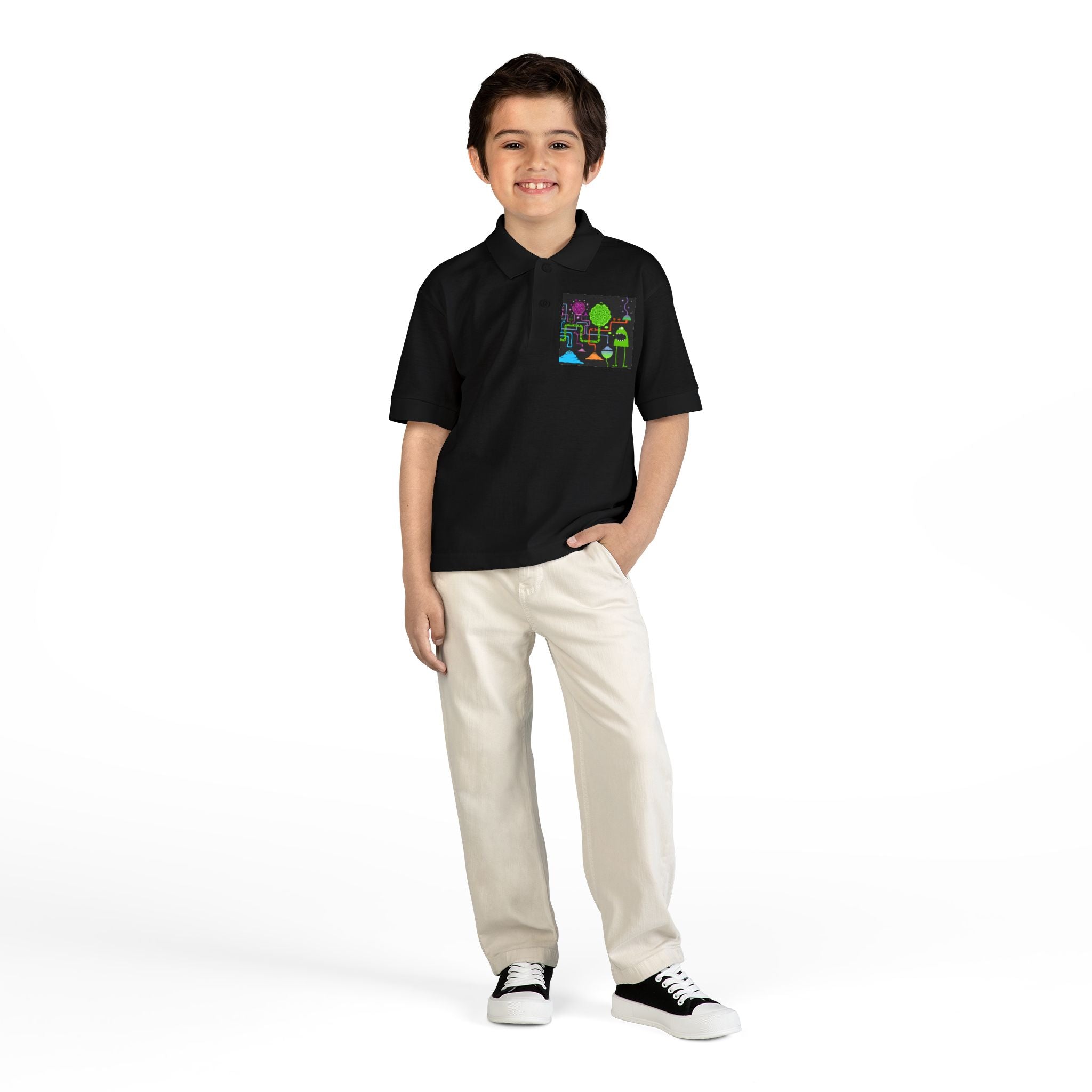 Youth Polo — Neon Space Garden Graphic Chest Pocket