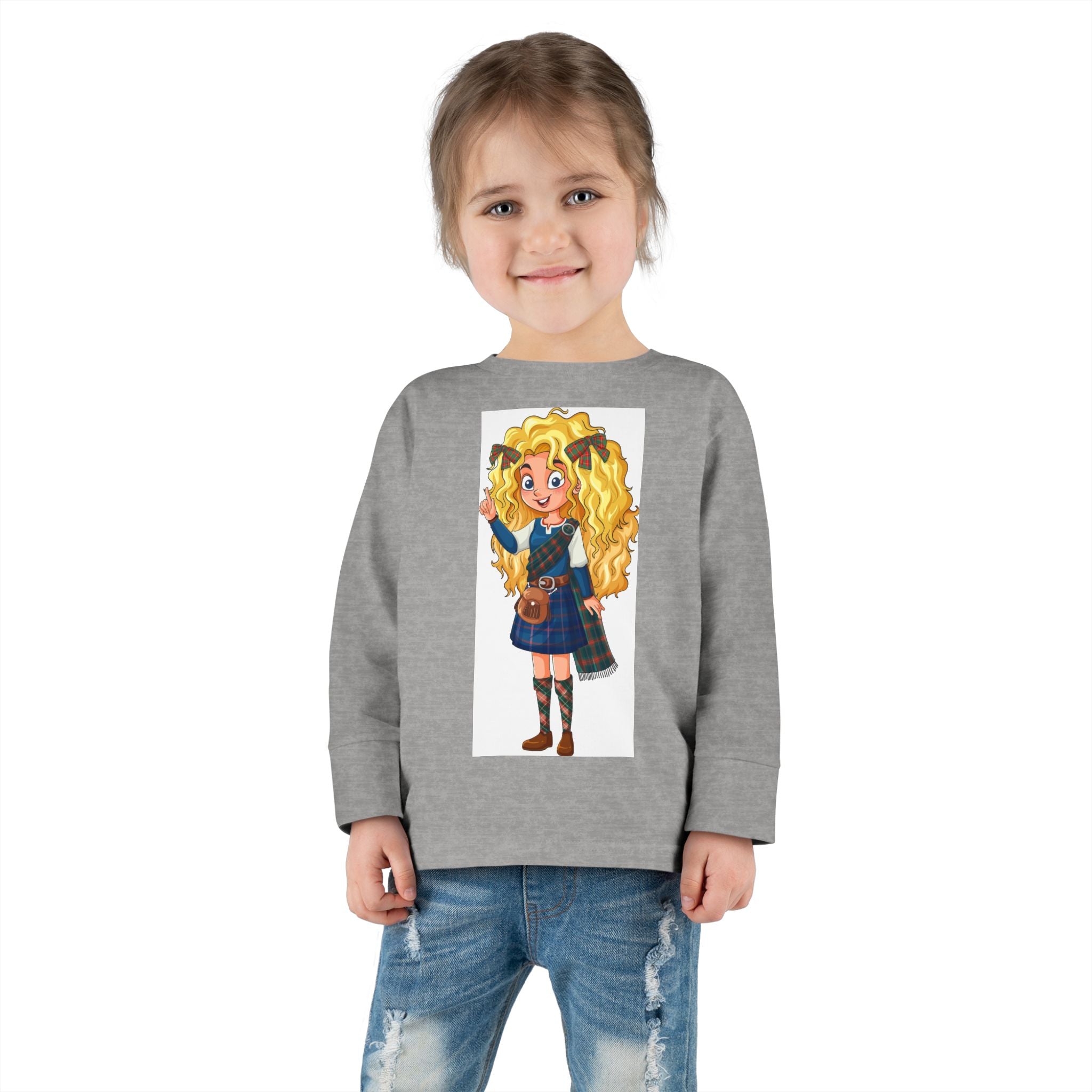 Cute Scottish Girl Toddler Long Sleeve Tee — Brave Princess Kilt Design