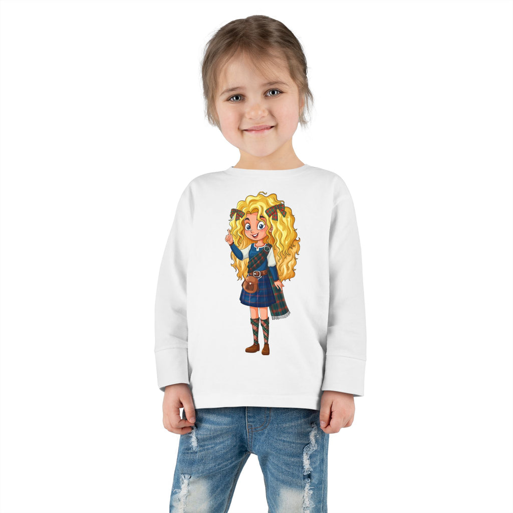 Cute Scottish Girl Toddler Long Sleeve Tee — Brave Princess Kilt Design