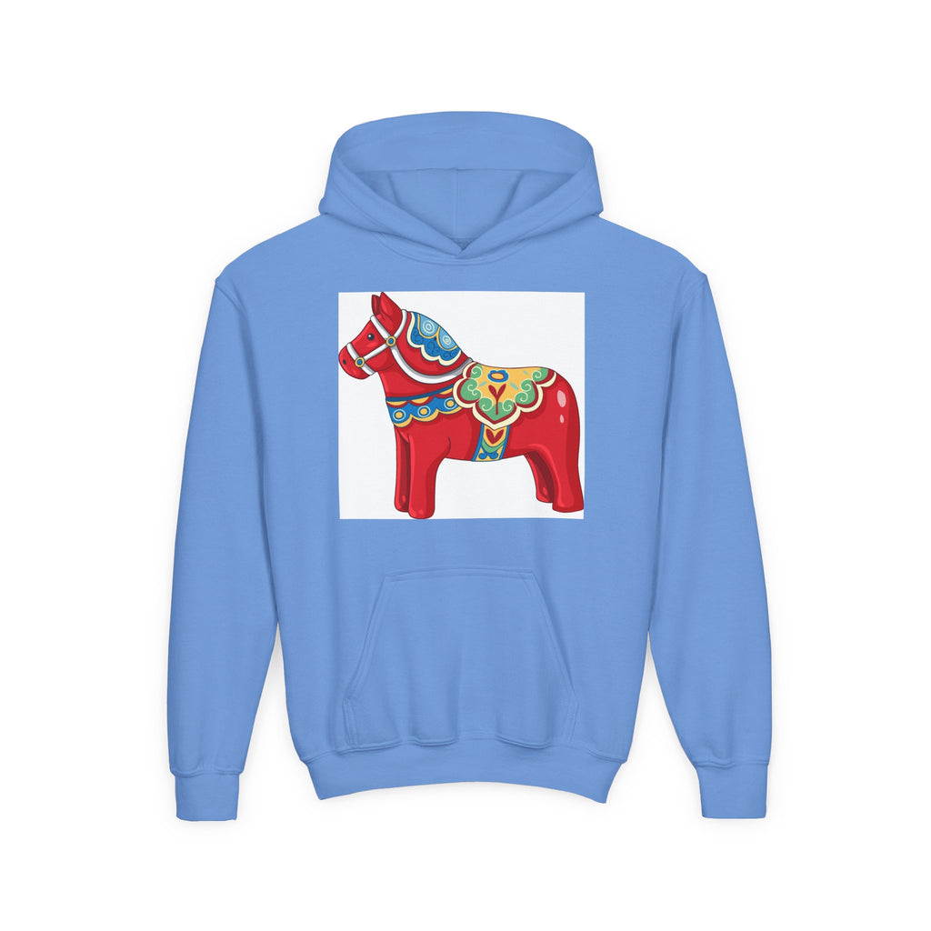 Dala Horse Youth Hoodie — Scandinavian Red Folk Art Kids Sweatshirt