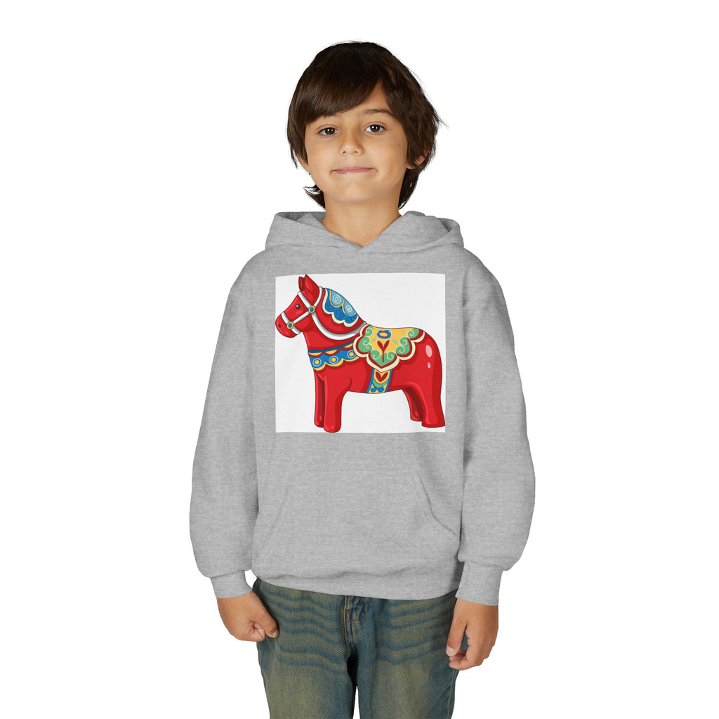 Dala Horse Youth Hoodie — Scandinavian Red Folk Art Kids Sweatshirt