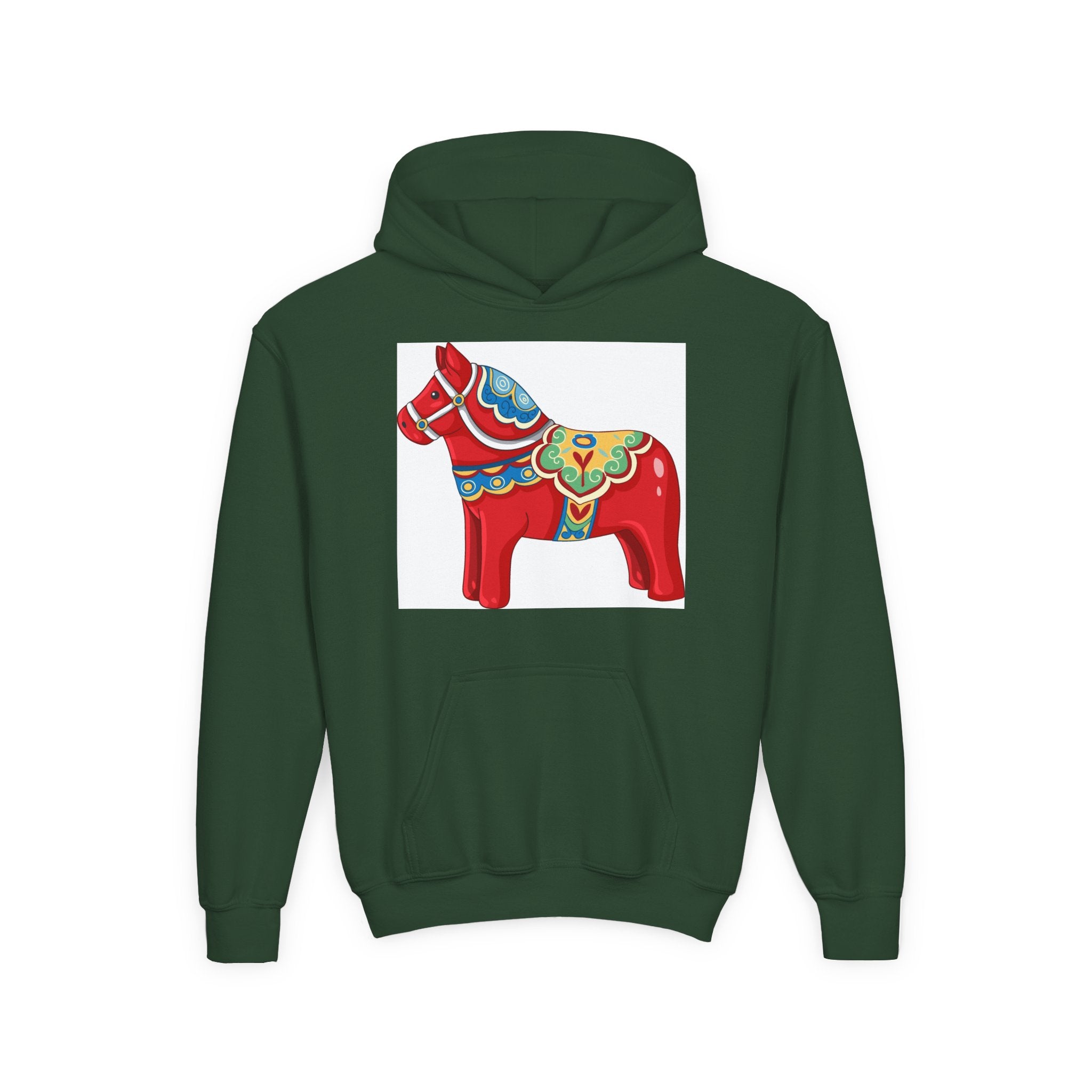Dala Horse Youth Hoodie — Scandinavian Red Folk Art Kids Sweatshirt