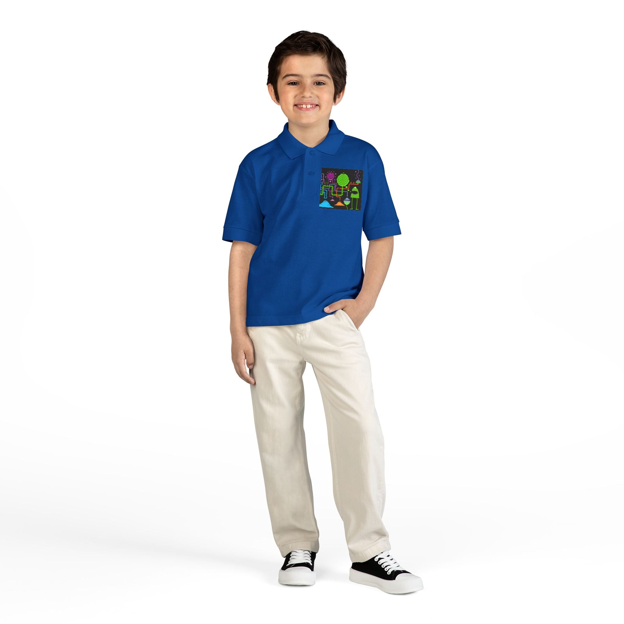 Youth Polo — Neon Space Garden Graphic Chest Pocket