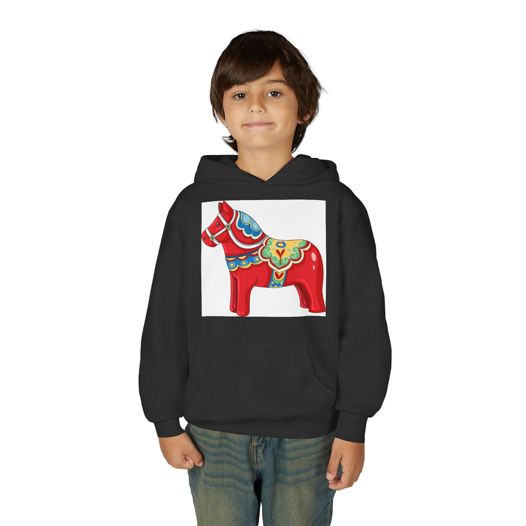 Dala Horse Youth Hoodie — Scandinavian Red Folk Art Kids Sweatshirt
