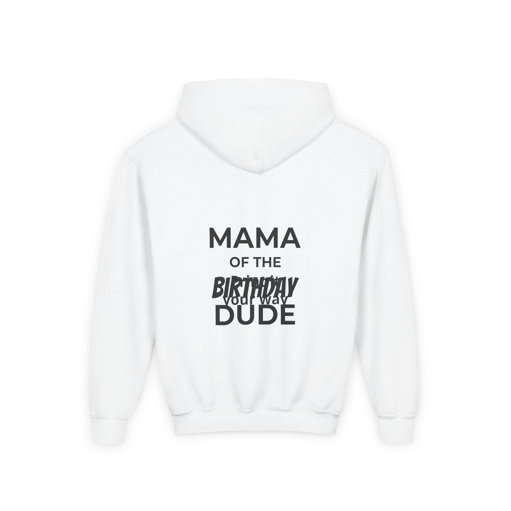 Youth Hoodie — Colorful Elephant Pattern Front & “Mama of the Birthday Dude” Back