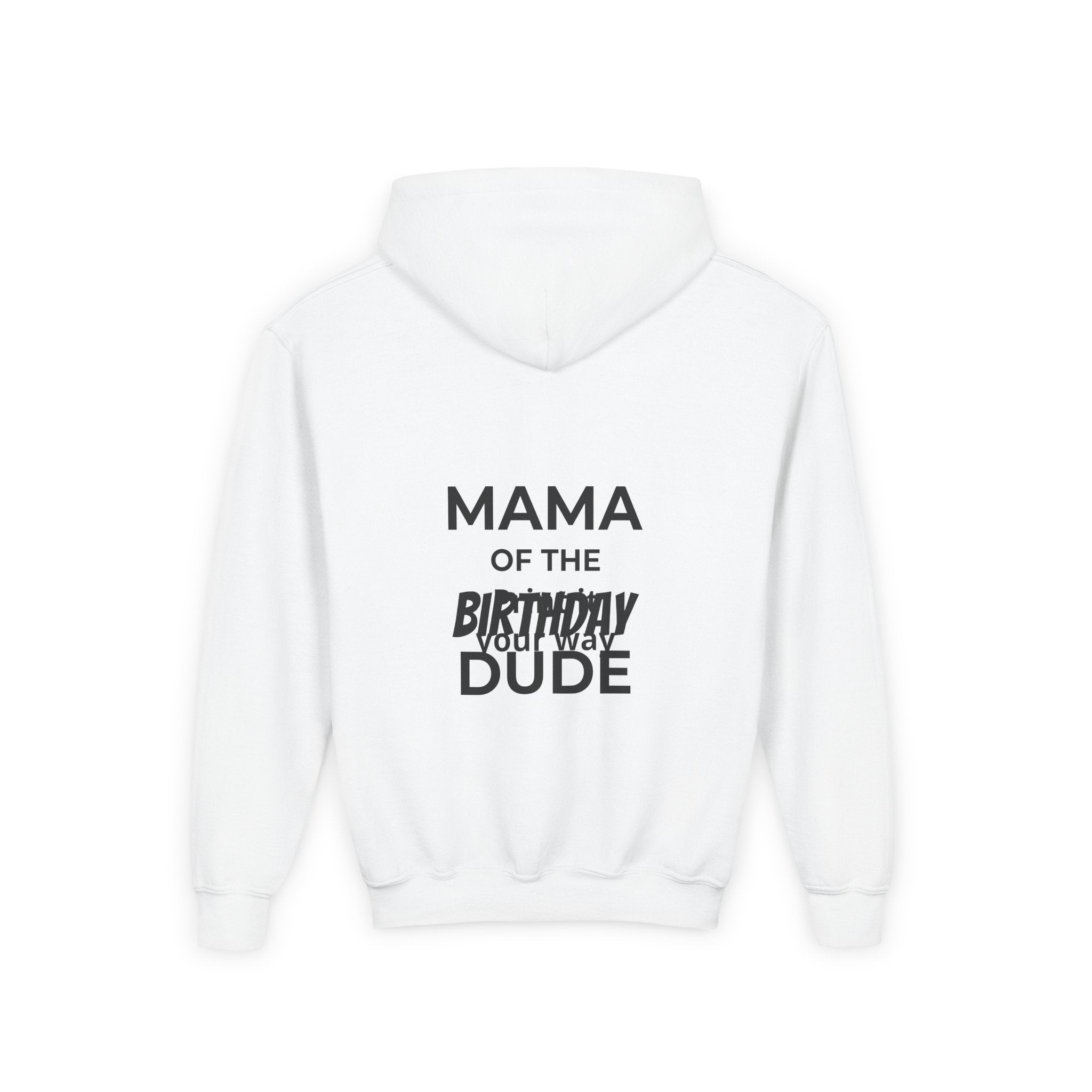 Youth Hoodie — Colorful Elephant Pattern Front & “Mama of the Birthday Dude” Back