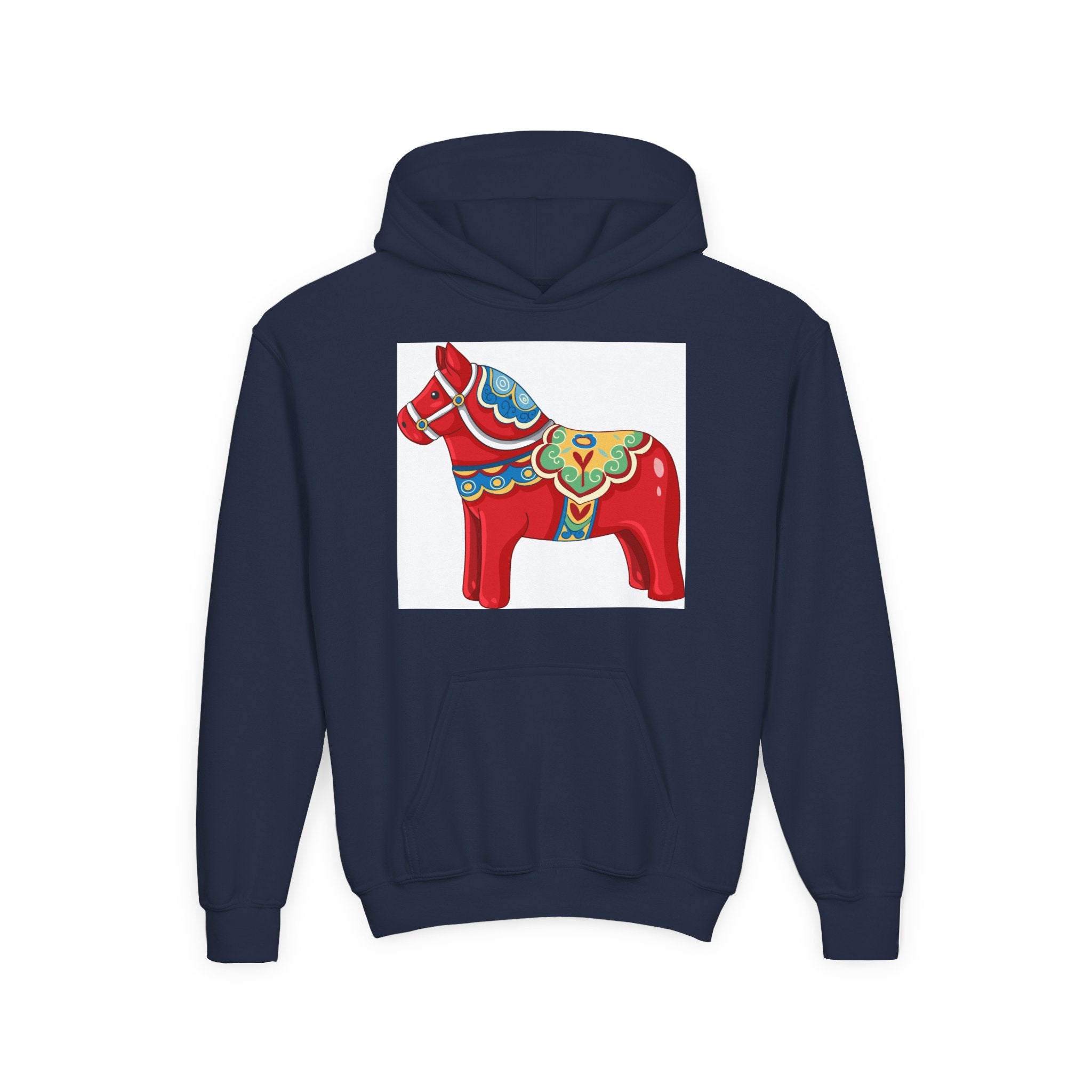 Dala Horse Youth Hoodie — Scandinavian Red Folk Art Kids Sweatshirt