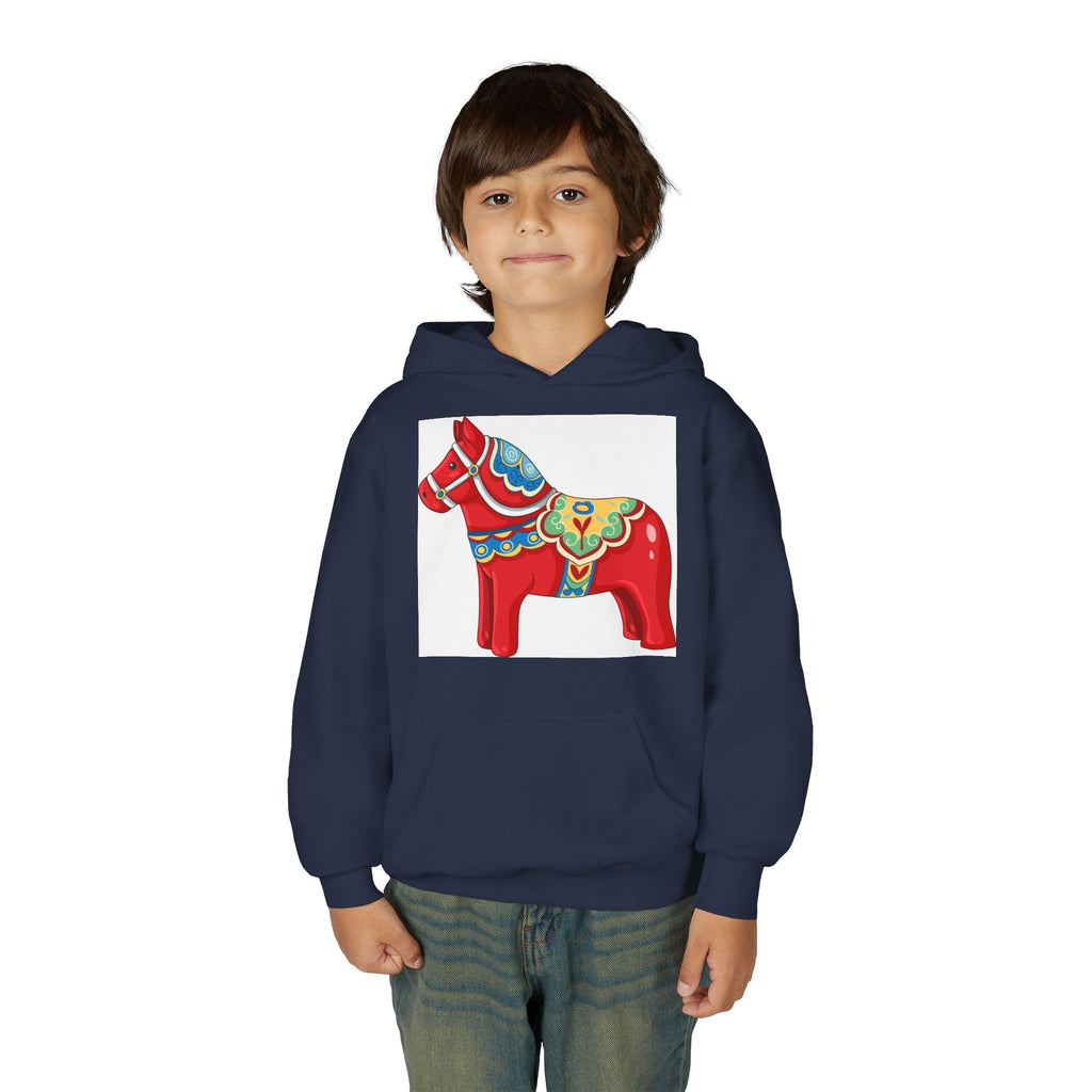 Dala Horse Youth Hoodie — Scandinavian Red Folk Art Kids Sweatshirt