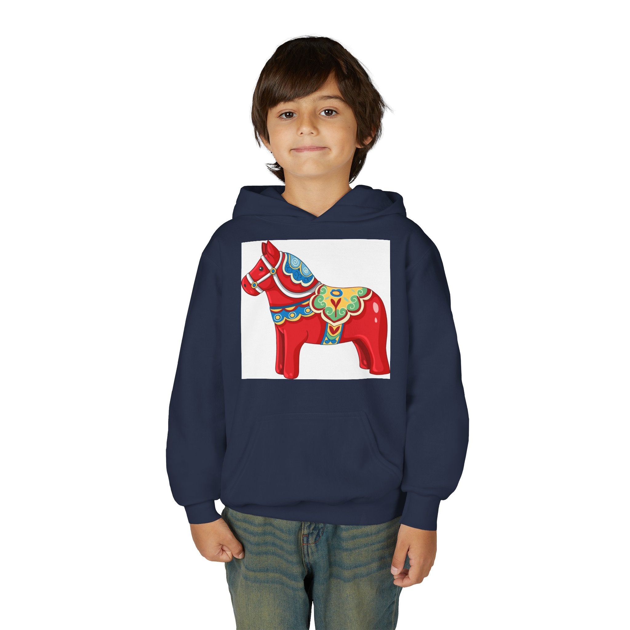 Dala Horse Youth Hoodie — Scandinavian Red Folk Art Kids Sweatshirt