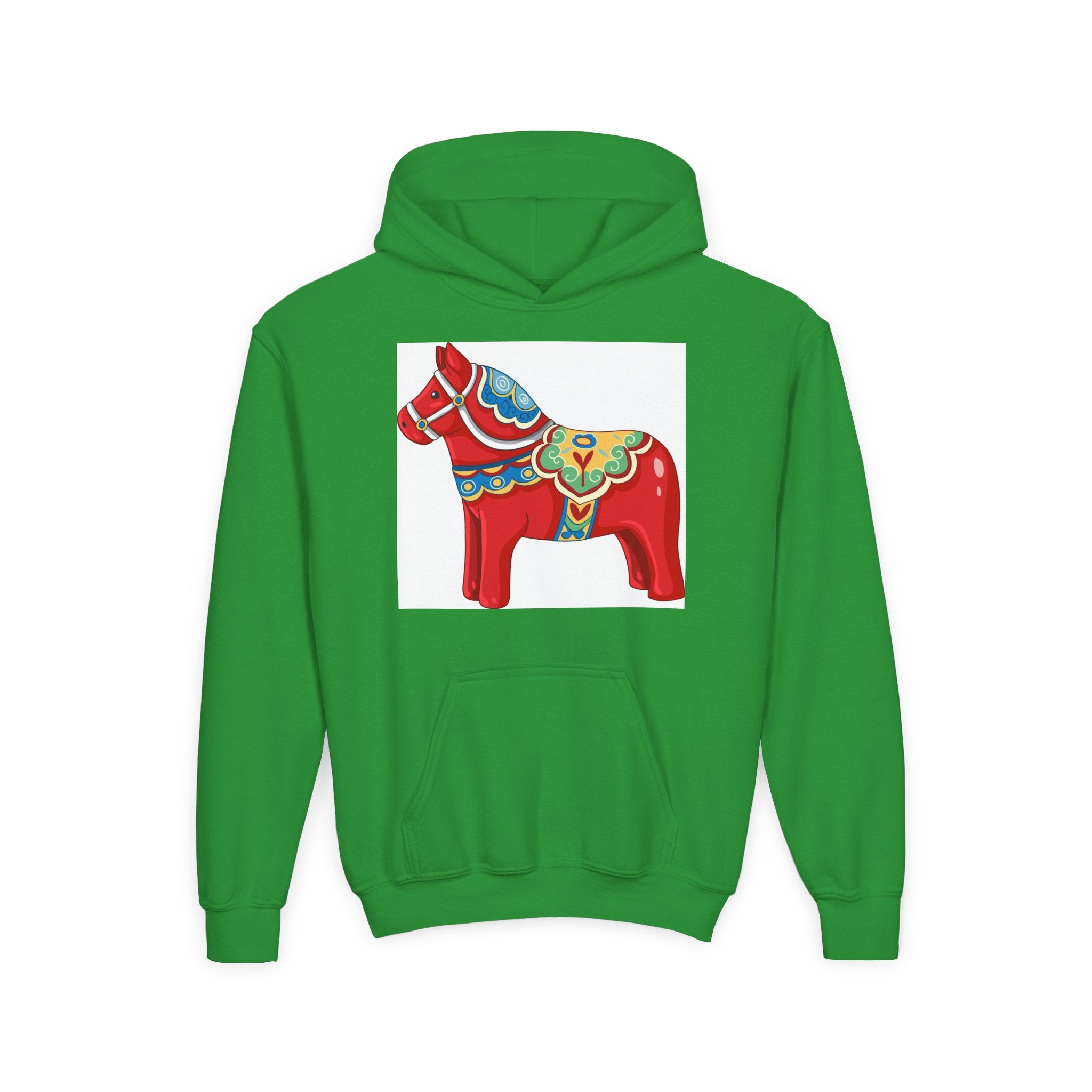 Dala Horse Youth Hoodie — Scandinavian Red Folk Art Kids Sweatshirt