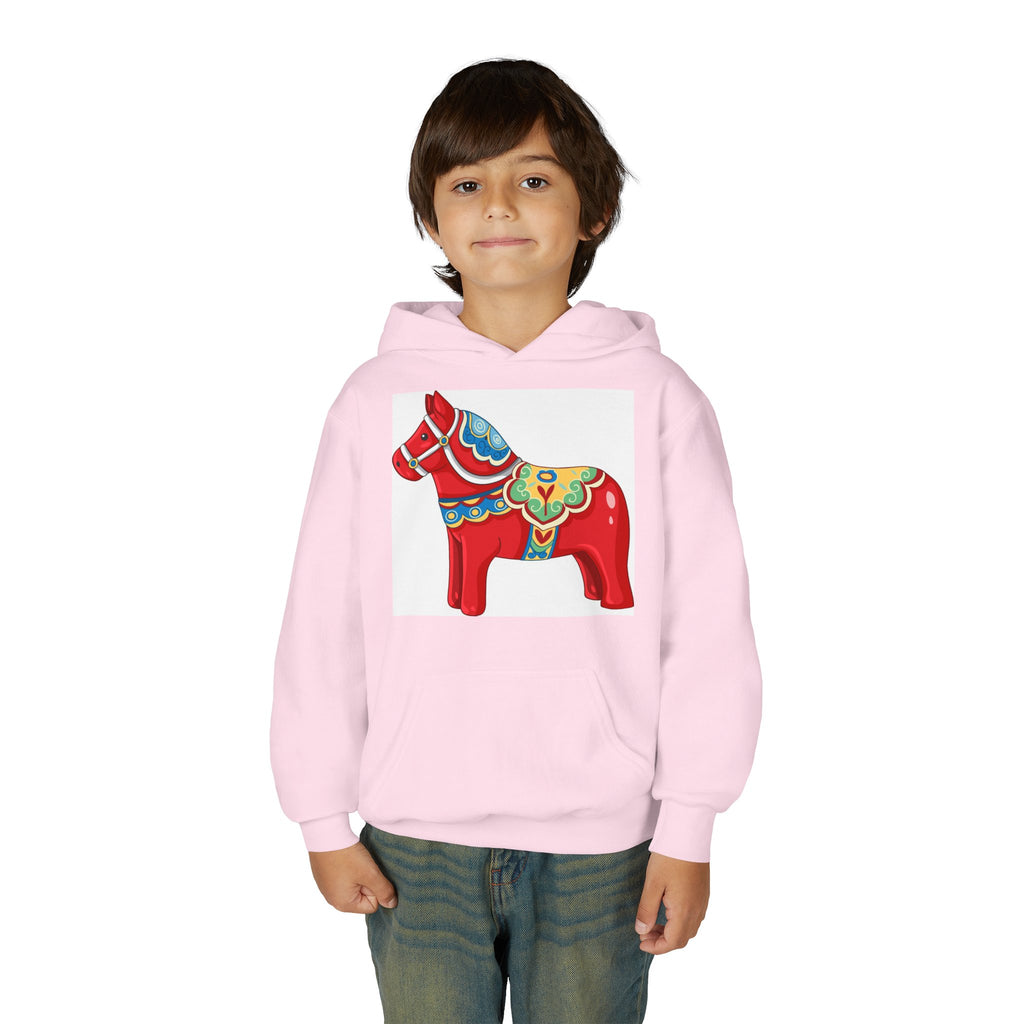 Dala Horse Youth Hoodie — Scandinavian Red Folk Art Kids Sweatshirt