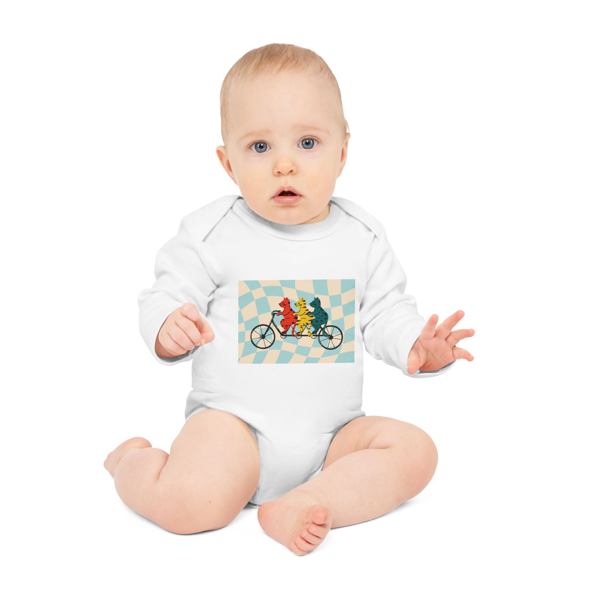 Baby Bodysuit — Retro Tandem Bike Bears Graphic Long-Sleeve Organic Onesie