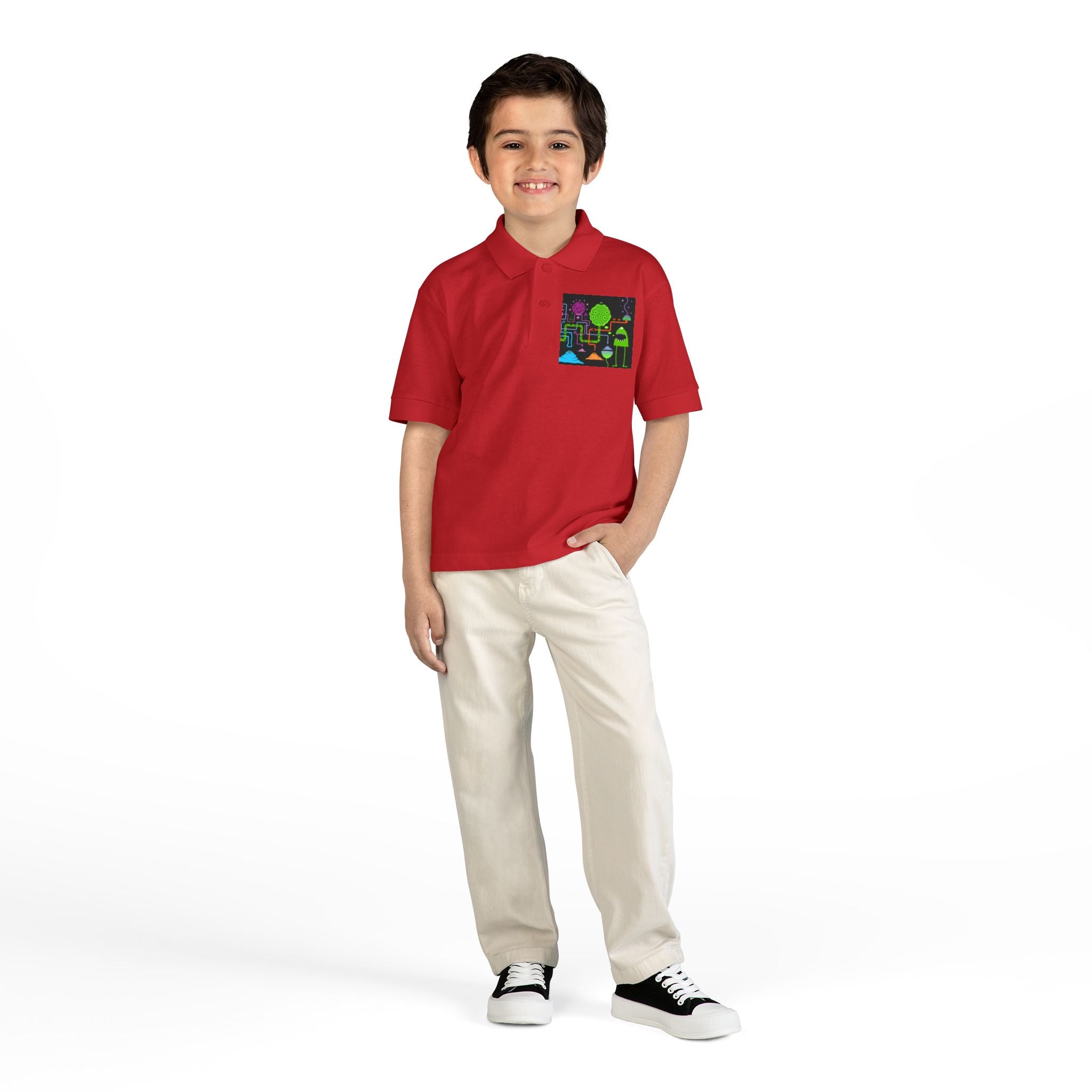 Youth Polo — Neon Space Garden Graphic Chest Pocket
