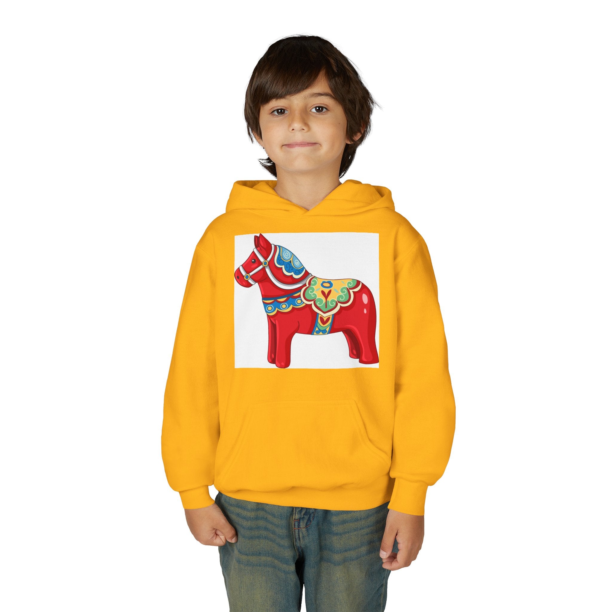 Dala Horse Youth Hoodie — Scandinavian Red Folk Art Kids Sweatshirt