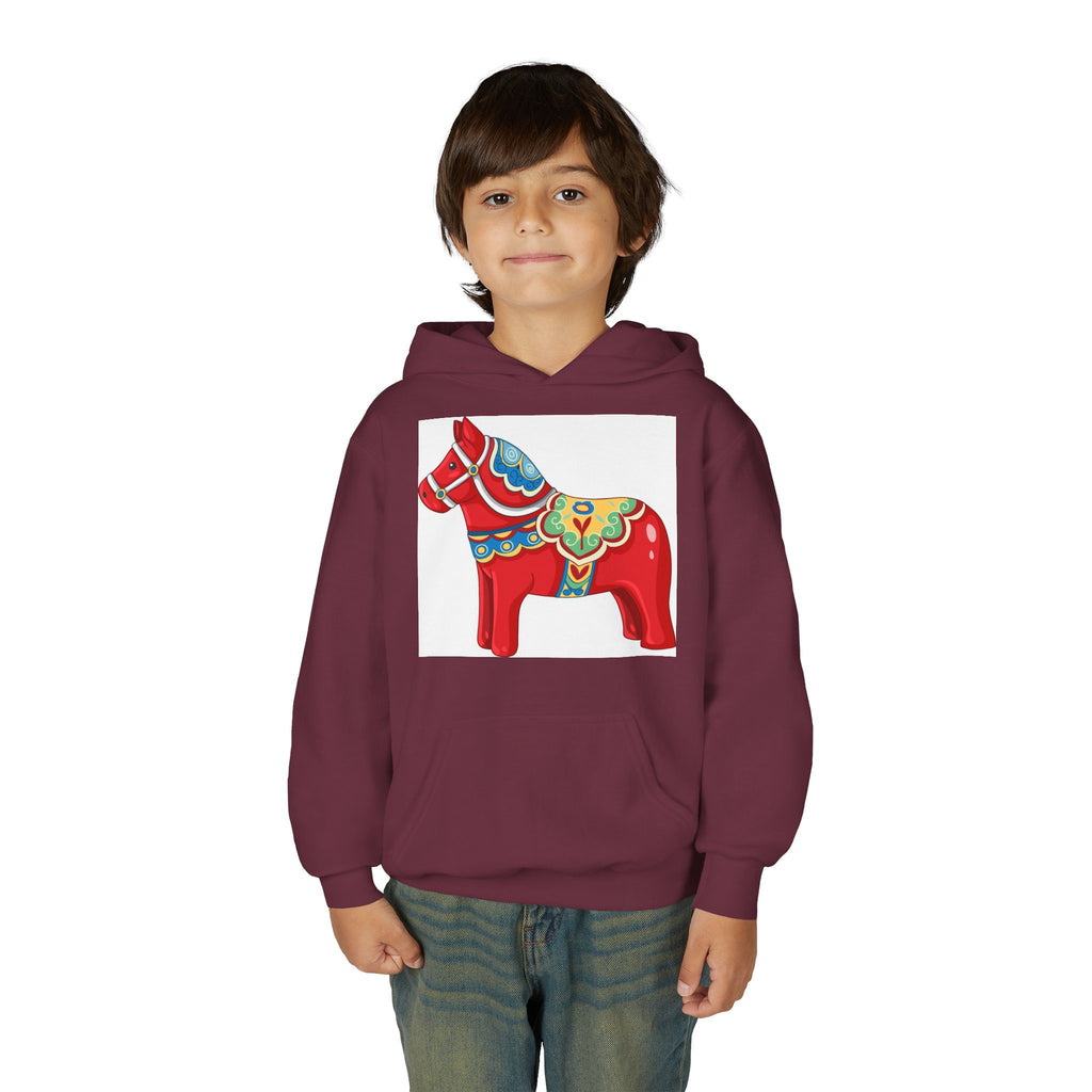Dala Horse Youth Hoodie — Scandinavian Red Folk Art Kids Sweatshirt