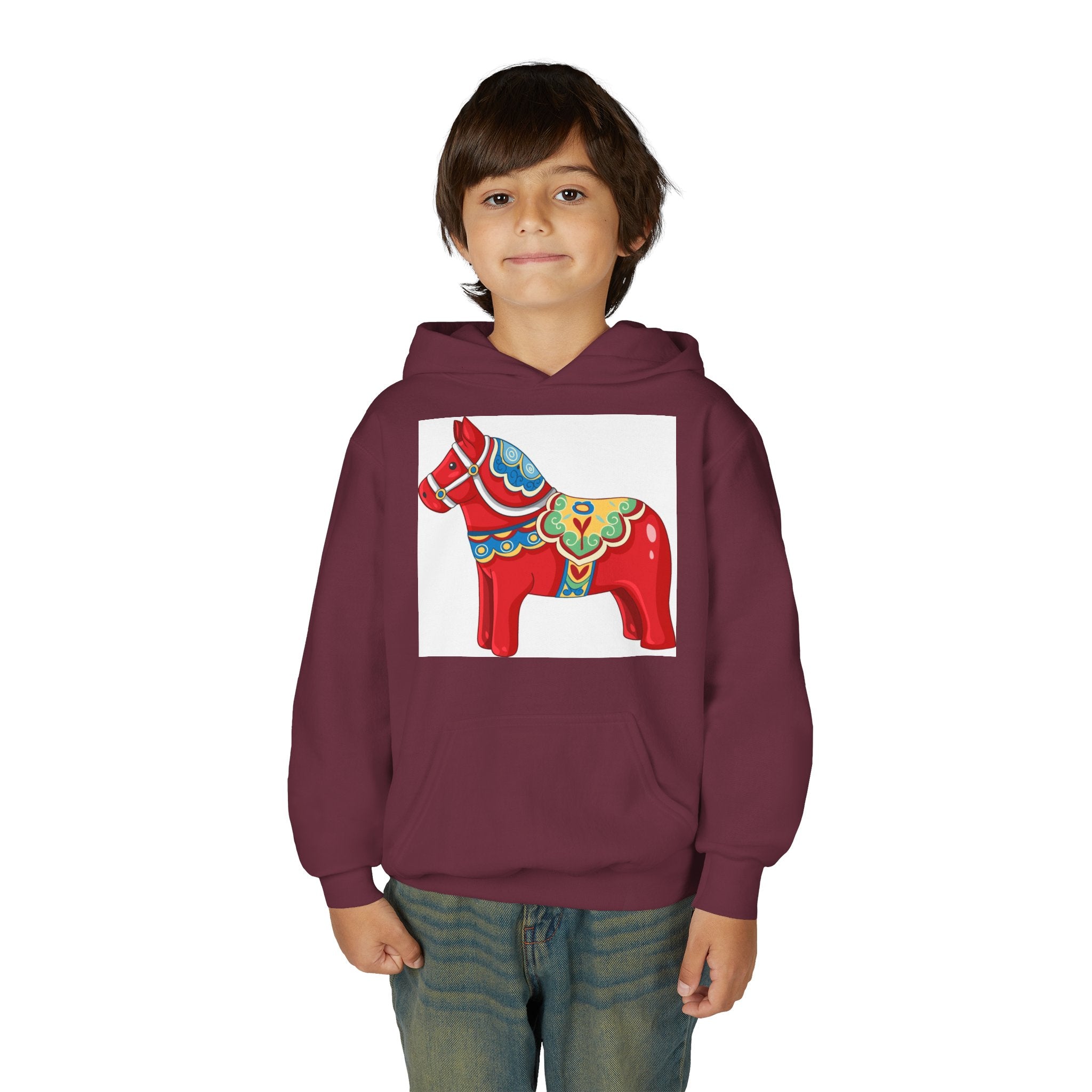 Dala Horse Youth Hoodie — Scandinavian Red Folk Art Kids Sweatshirt