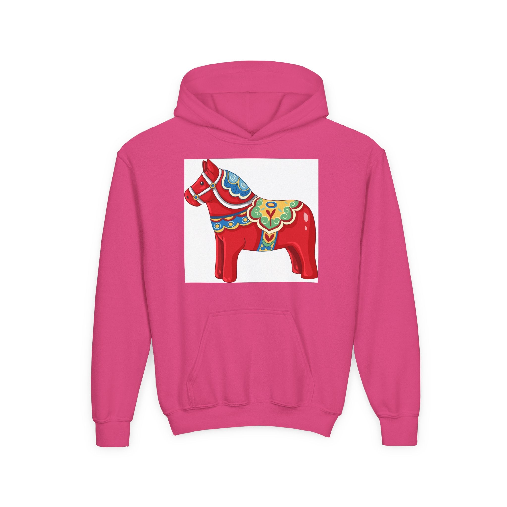 Dala Horse Youth Hoodie — Scandinavian Red Folk Art Kids Sweatshirt
