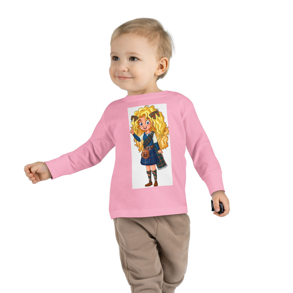 Cute Scottish Girl Toddler Long Sleeve Tee — Brave Princess Kilt Design