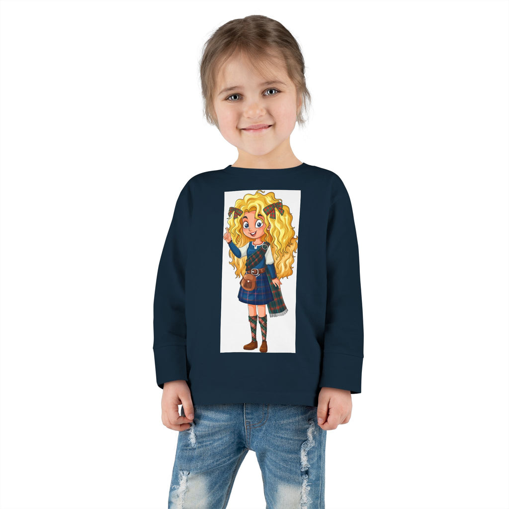 Cute Scottish Girl Toddler Long Sleeve Tee — Brave Princess Kilt Design