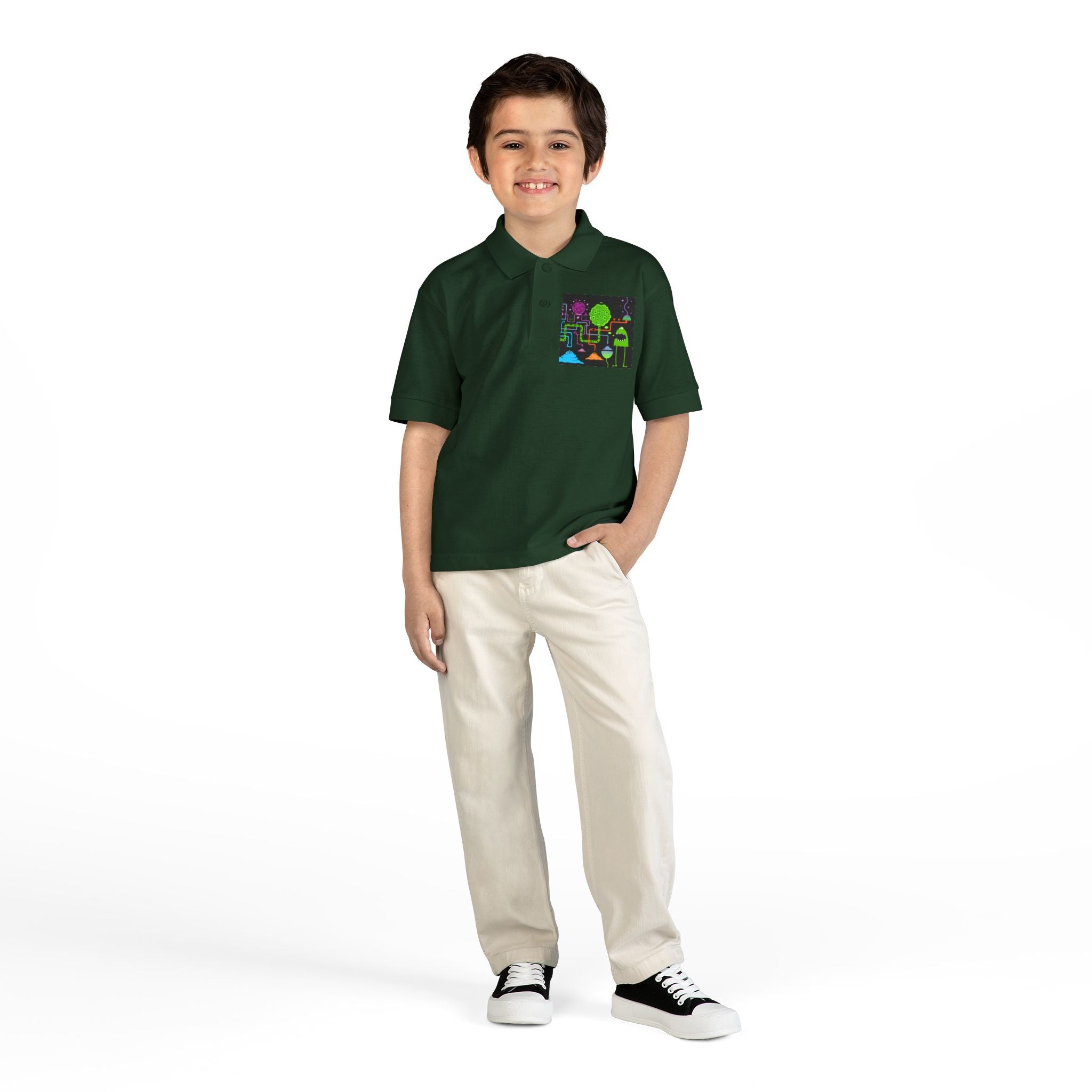 Youth Polo — Neon Space Garden Graphic Chest Pocket