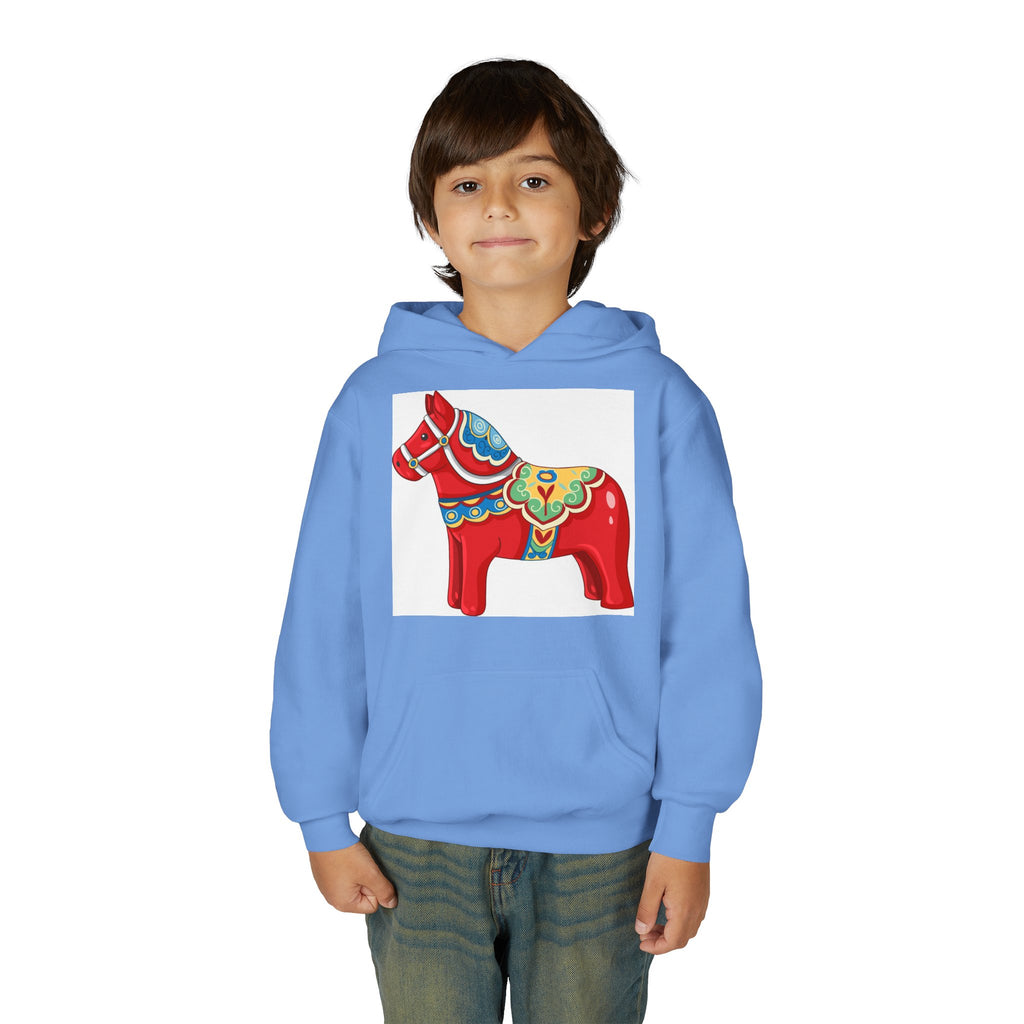 Dala Horse Youth Hoodie — Scandinavian Red Folk Art Kids Sweatshirt