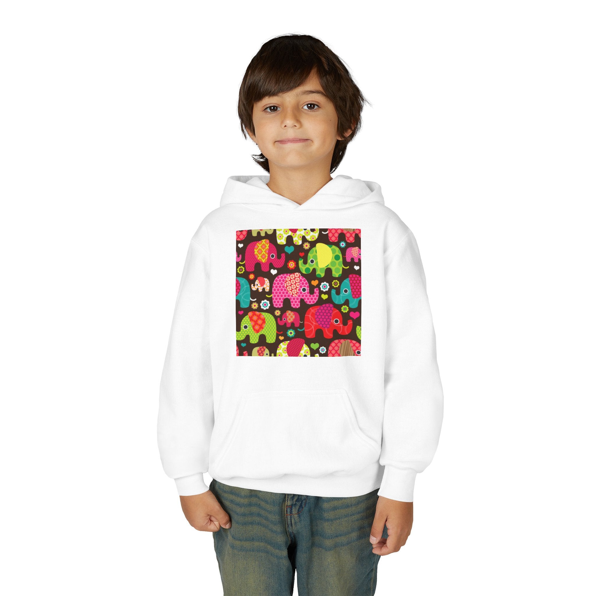 Youth Hoodie — Colorful Elephant Pattern Front & “Mama of the Birthday Dude” Back