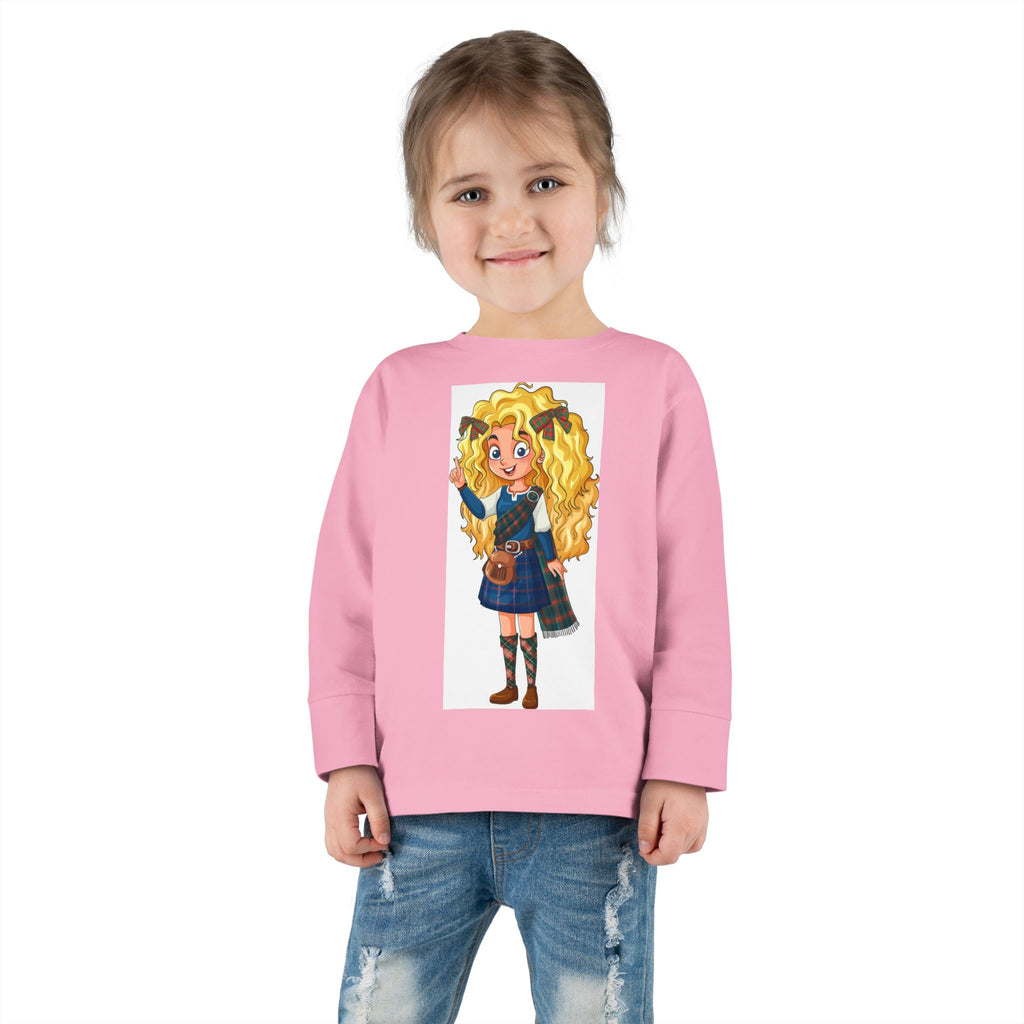 Cute Scottish Girl Toddler Long Sleeve Tee — Brave Princess Kilt Design