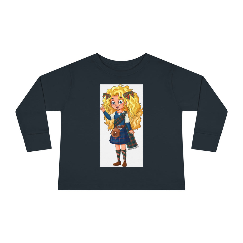 Cute Scottish Girl Toddler Long Sleeve Tee — Brave Princess Kilt Design