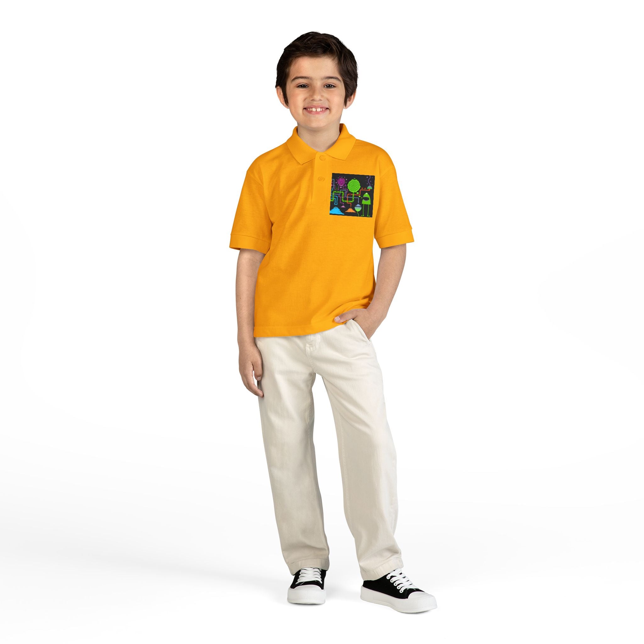 Youth Polo — Neon Space Garden Graphic Chest Pocket