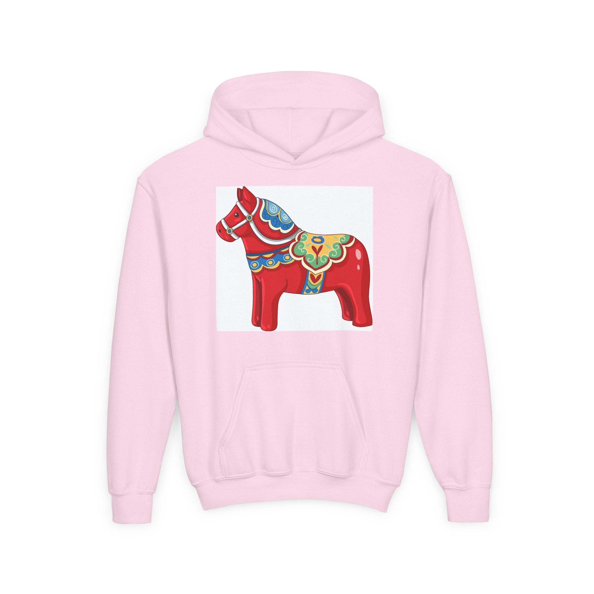 Dala Horse Youth Hoodie — Scandinavian Red Folk Art Kids Sweatshirt