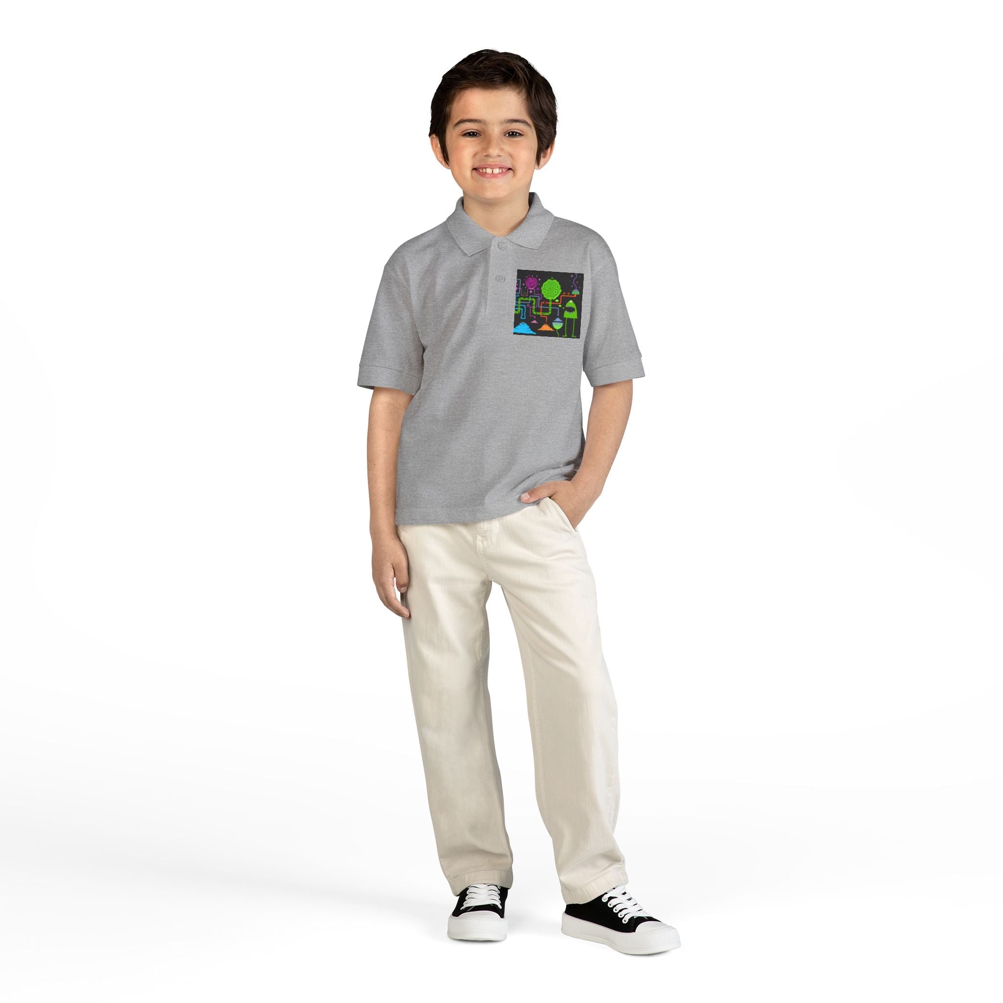 Youth Polo — Neon Space Garden Graphic Chest Pocket