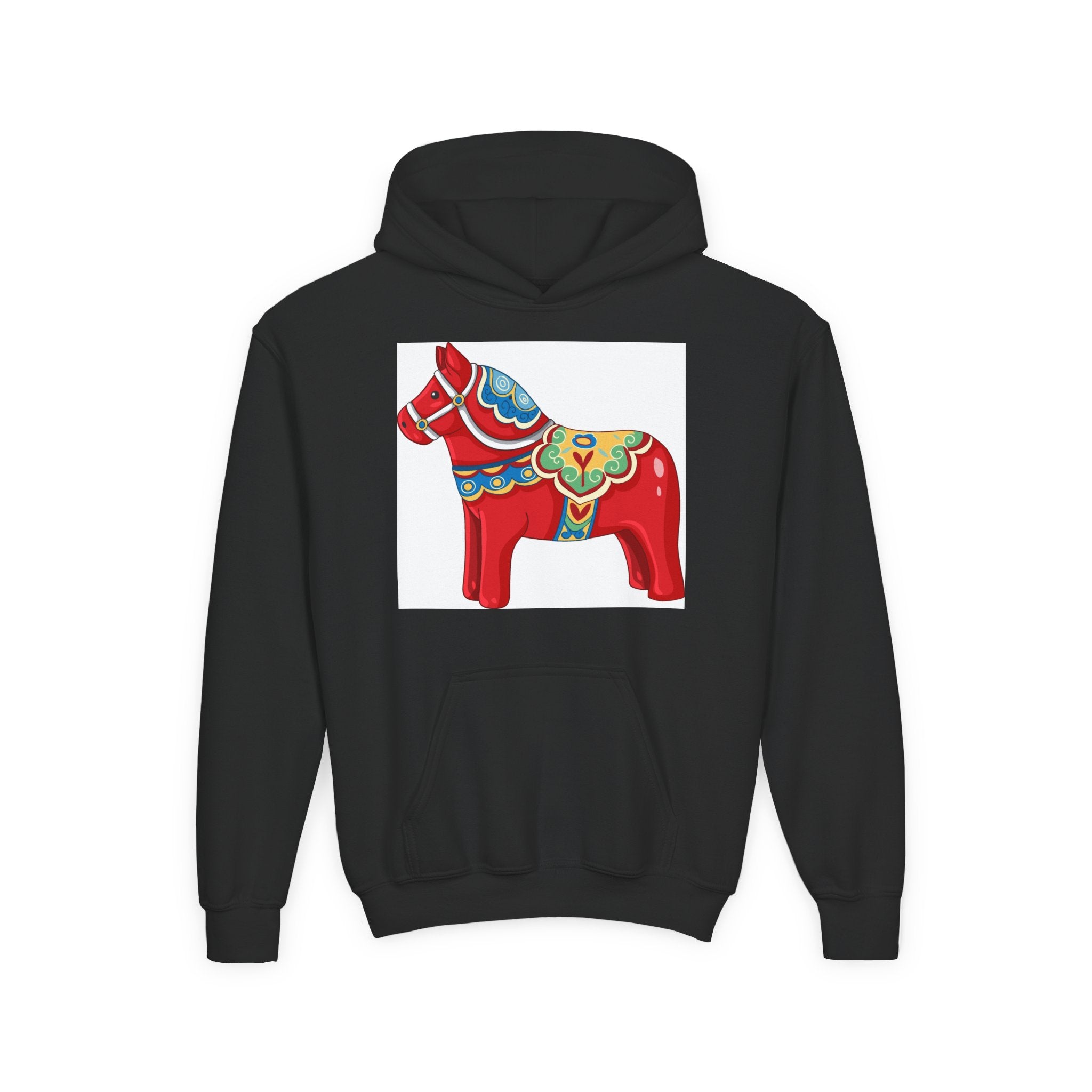 Dala Horse Youth Hoodie — Scandinavian Red Folk Art Kids Sweatshirt