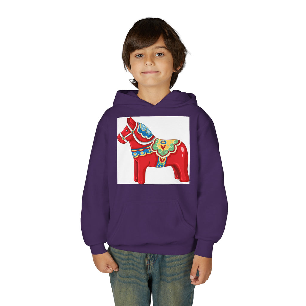Dala Horse Youth Hoodie — Scandinavian Red Folk Art Kids Sweatshirt
