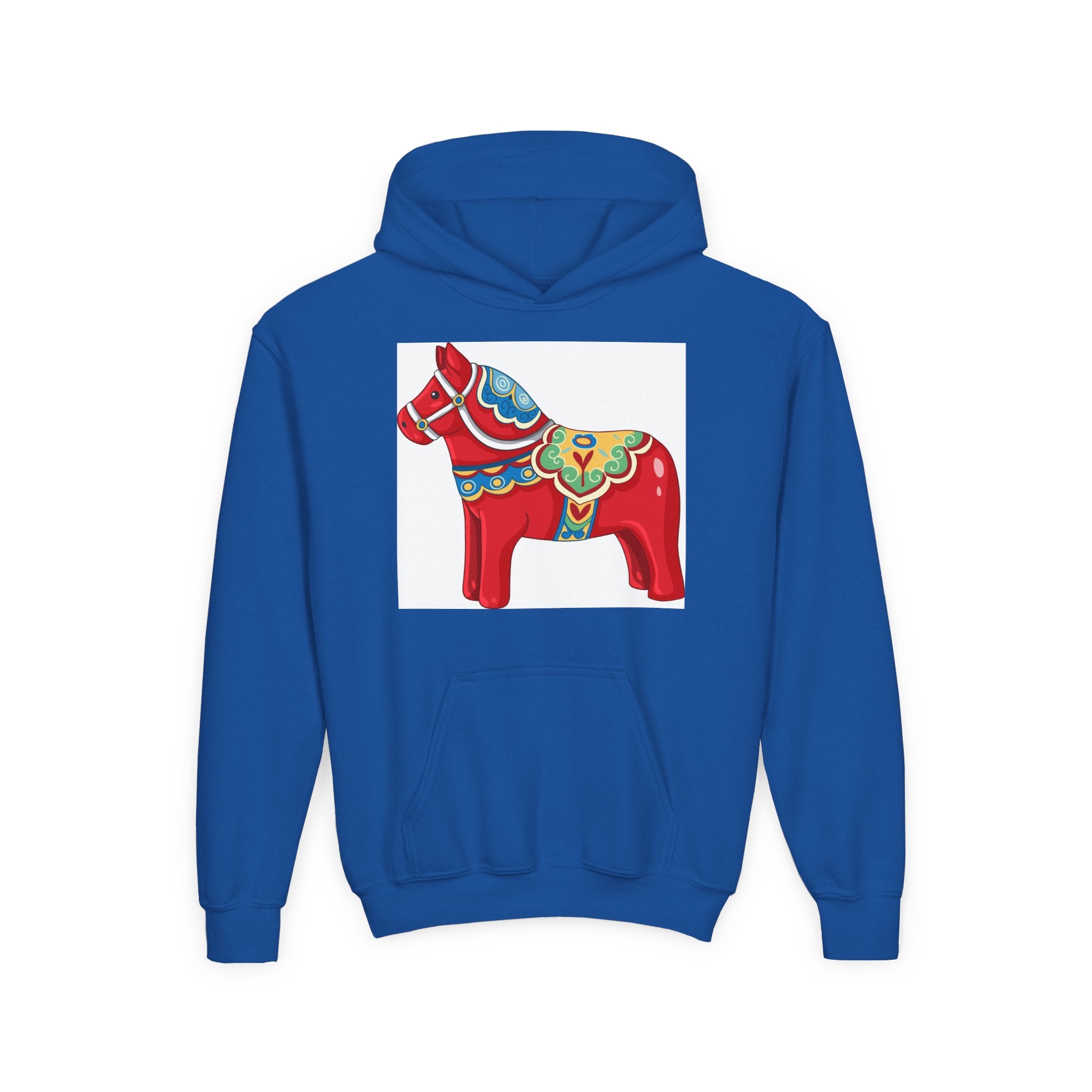 Dala Horse Youth Hoodie — Scandinavian Red Folk Art Kids Sweatshirt