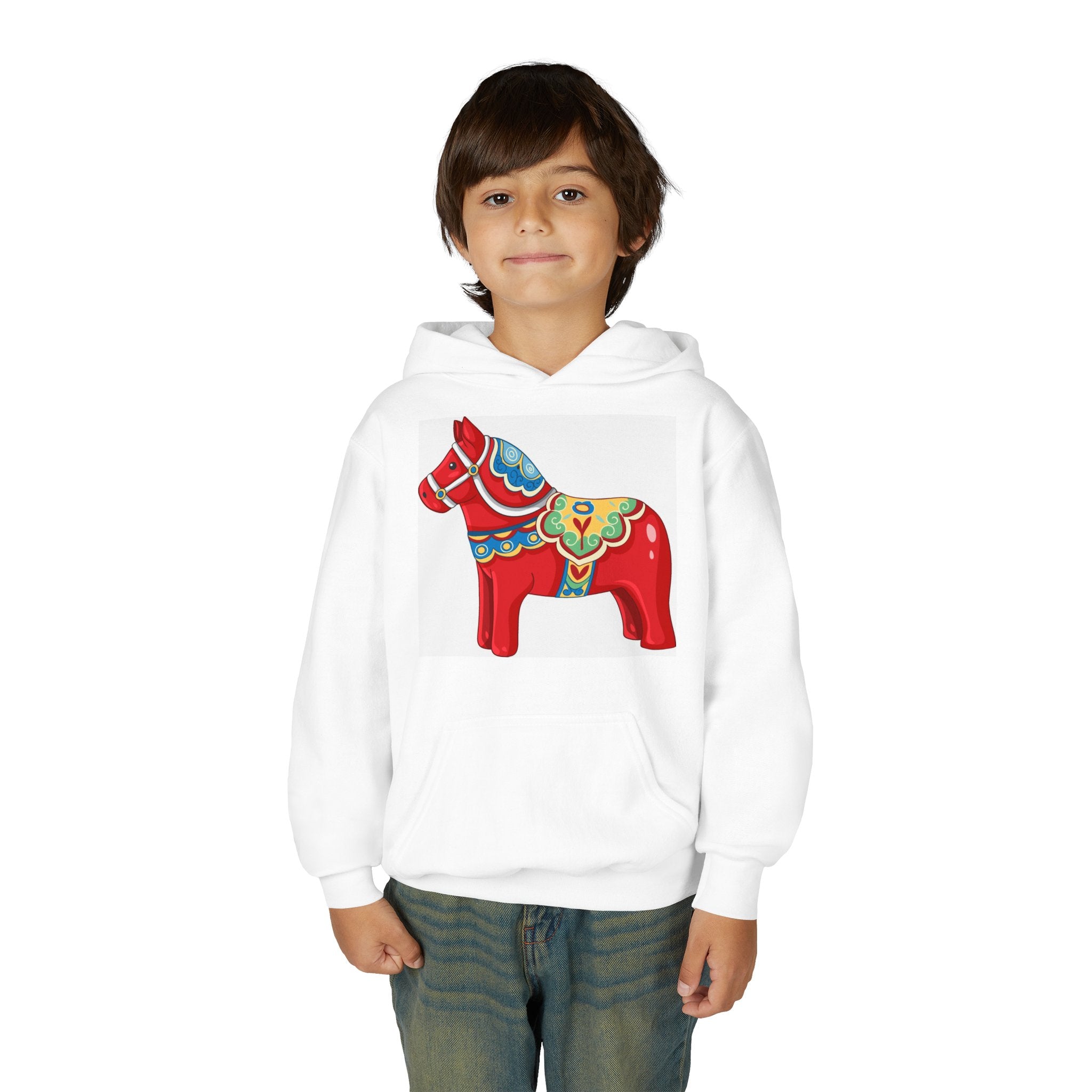 Dala Horse Youth Hoodie — Scandinavian Red Folk Art Kids Sweatshirt